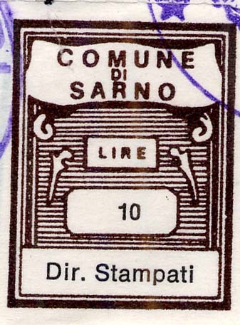 Marca da Bollo del Comune di SARNO su Carta Bianca Sottile di dimensioni 21,5 x 28,5 mm
