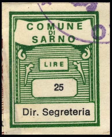 Marca da Bollo del Comune di SARNO su Carta Bianca di dimensioni 21,5 x 24,5 mm