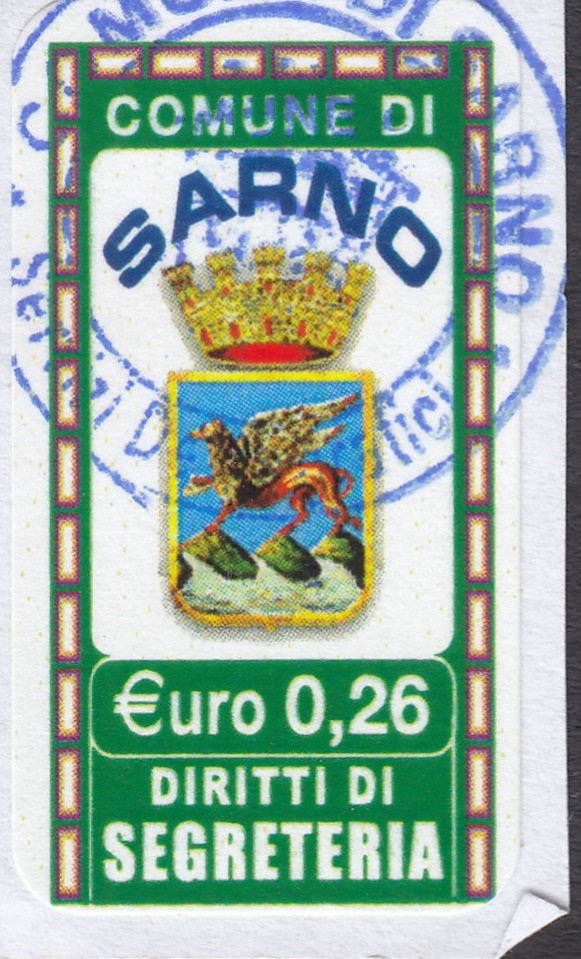 Marca da Bollo del Comune di SARNO su Carta Bianca di dimensioni 18 X 25,5 mm