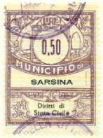 Marca da Bollo del Comune di SARSINA su Carta Bianca Sottile di dimensioni 28,5 x 36,5 mm