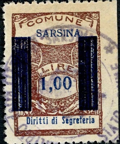 Marca da Bollo del Comune di SARSINA su Carta Bianca di dimensioni 22 x 29 mm