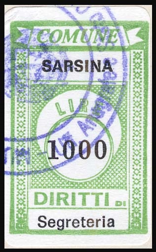 Marca da Bollo del Comune di SARSINA su Carta Bianca di dimensioni 19 x 30 mm