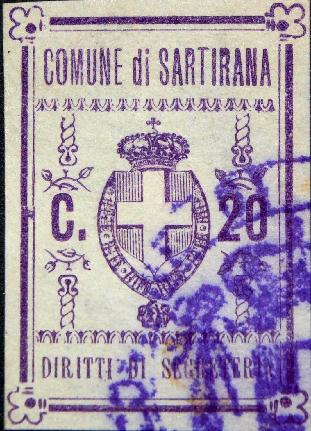 Marca da Bollo del Comune di SARTIRANA LOMELLINA su Carta Bianca Sottile di dimensioni 24,5 x 34,5 mm