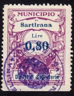 Marca da Bollo del Comune di SARTIRANA LOMELLINA su Carta Bianca Sottile di dimensioni 24 x 31,5 mm