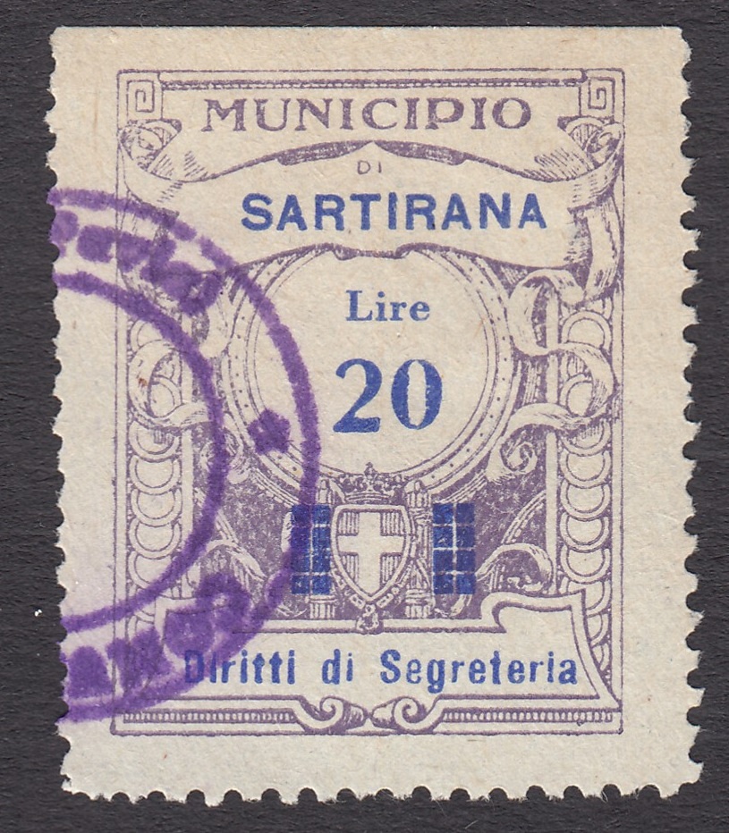 Marca da Bollo del Comune di SARTIRANA LOMELLINA su Carta Bianca Sottile di dimensioni 24 x 31,5 mm