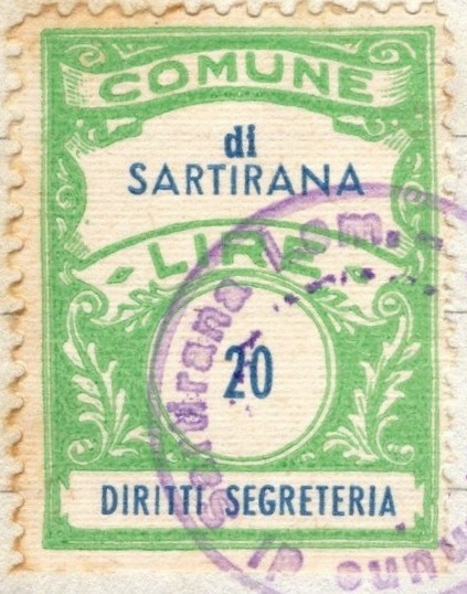 Marca da Bollo del Comune di SARTIRANA LOMELLINA su Carta Bianca Sottile di dimensioni 22 x 28 mm