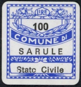 Marca da Bollo del Comune di SARULE su Carta Bianca di dimensioni 19,5 x 21 mm