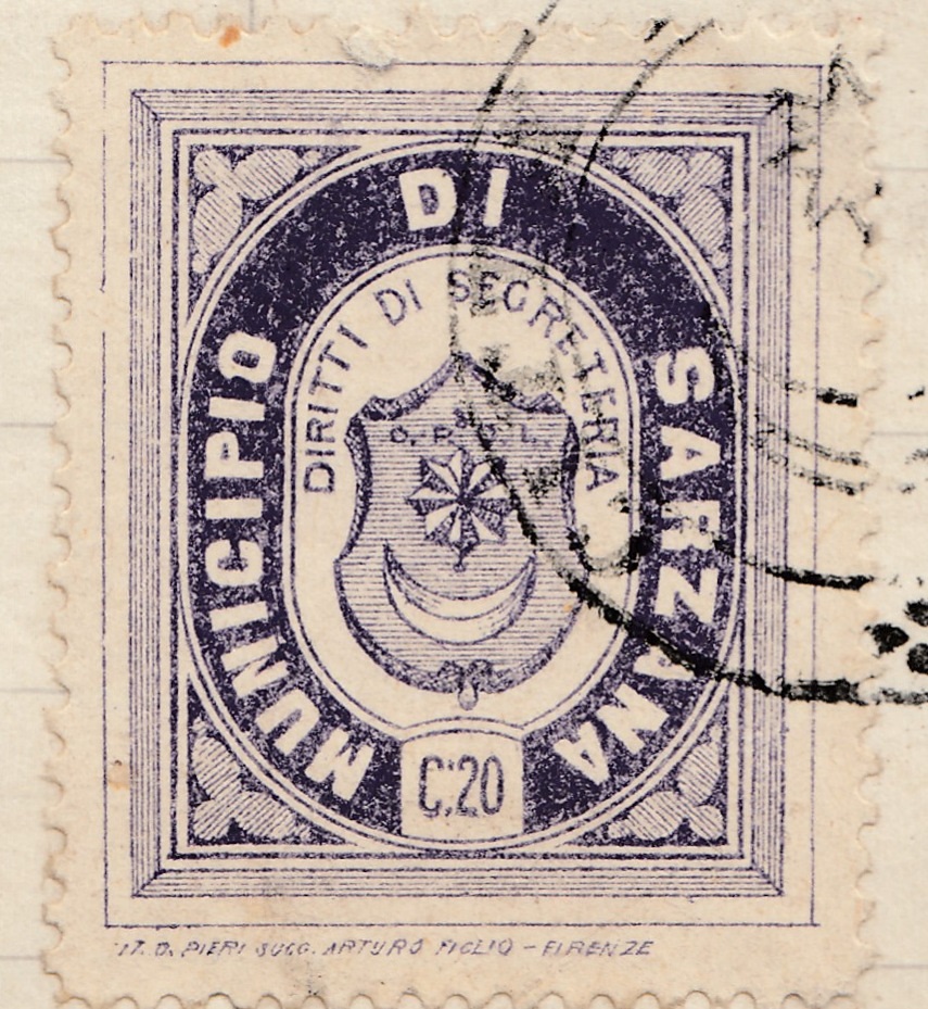 Marca da Bollo del Comune di SARZANA su Carta Bianca di dimensioni 22 x 25 mm