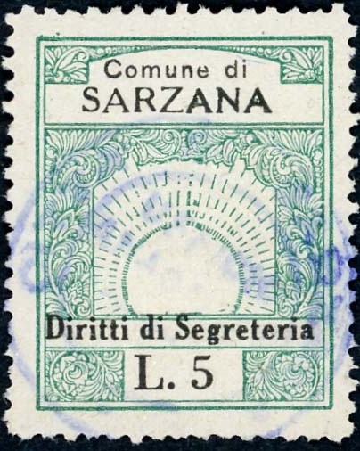 Marca da Bollo del Comune di SARZANA su Carta Bianca Sottile di dimensioni 23,5 x 29,5 mm