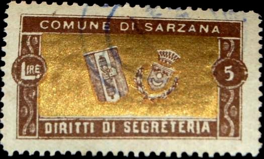 Marca da Bollo del Comune di SARZANA su Carta Bianca Sottile di dimensioni 35 x 22 mm
