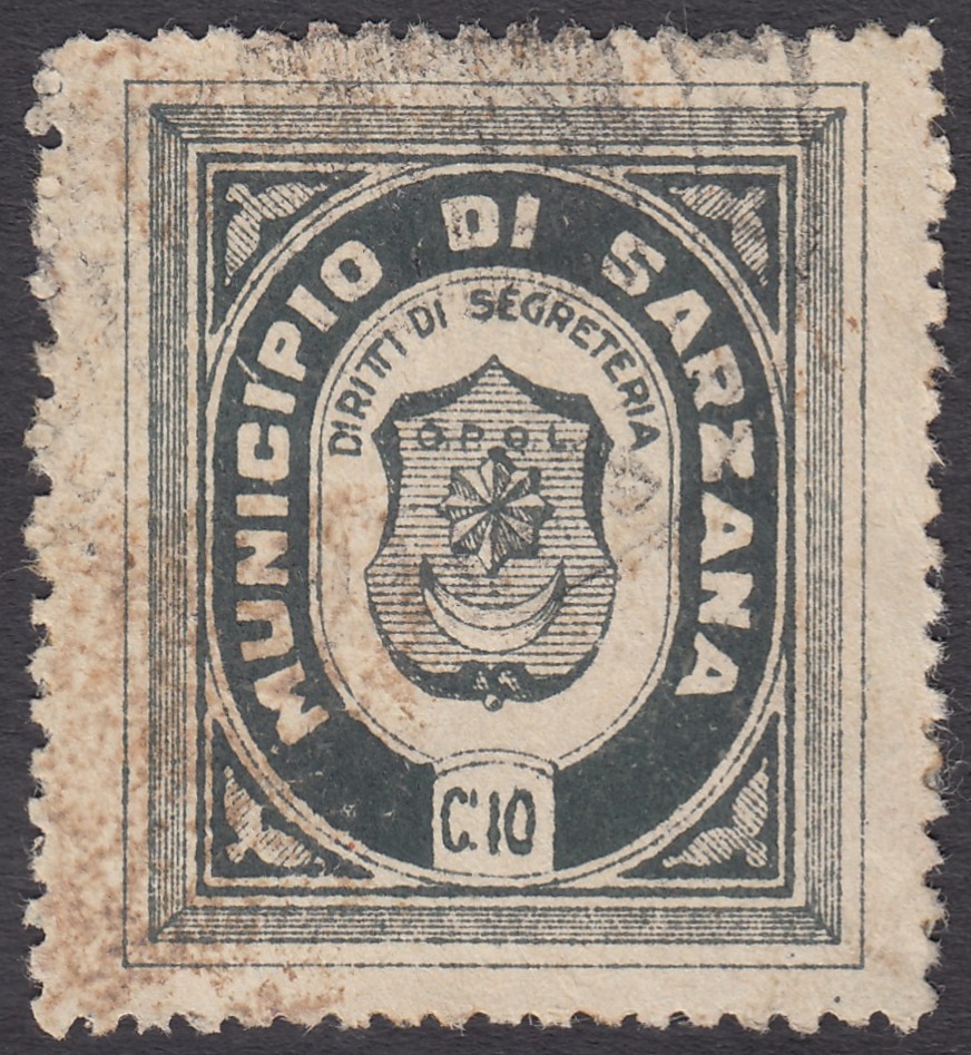 Marca da Bollo del Comune di SARZANA su Carta Bianca Sottile di dimensioni 25,5 x 30,5 mm