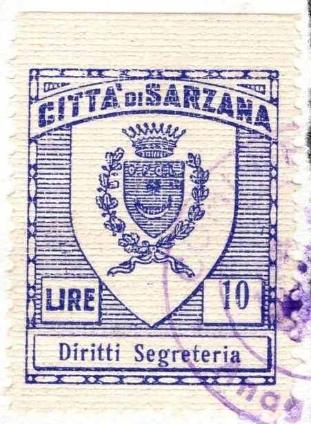 Marca da Bollo del Comune di SARZANA su Carta Bianca Sottile di dimensioni 23 x 29 mm
