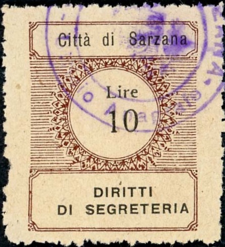 Marca da Bollo del Comune di SARZANA su Carta Colorata di dimensioni 23 x 25 mm