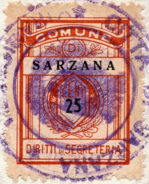 Marca da Bollo del Comune di SARZANA su Carta Colorata di dimensioni 21 x 29 mm