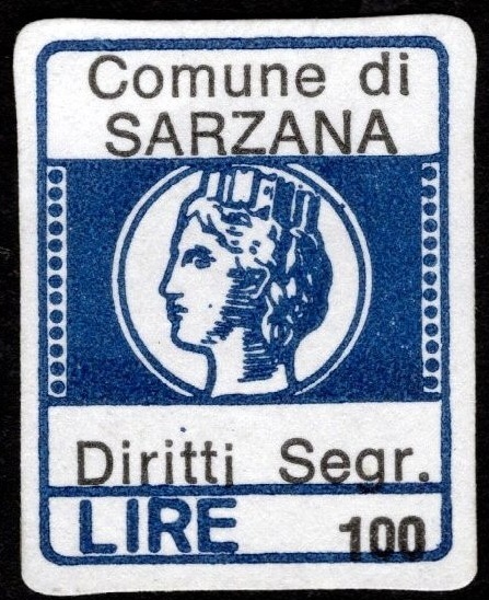 Marca da Bollo del Comune di SARZANA su Carta Bianca di dimensioni 15,5 x 20 mm