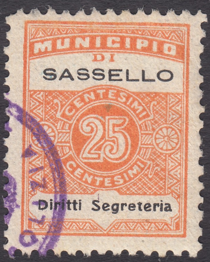Marca da Bollo del Comune di SASSELLO su Carta Bianca di dimensioni 22,5 x 29 mm