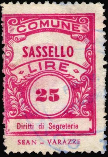 Marca da Bollo del Comune di SASSELLO su Carta Bianca Sottile di dimensioni 22 x 31,5 mm