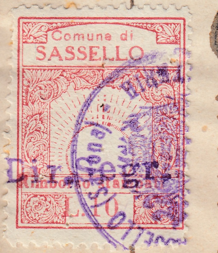 Marca da Bollo del Comune di SASSELLO su Carta Bianca Sottile di dimensioni 23,5 x 29 mm