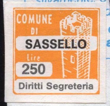 Marca da Bollo del Comune di SASSELLO su Carta Bianca di dimensioni 20 x 20 mm