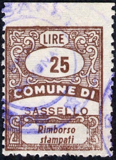 Marca da Bollo del Comune di SASSELLO su Carta Bianca di dimensioni 22 x 28 mm