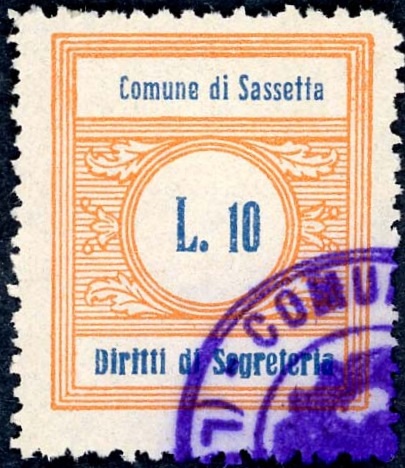 Marca da Bollo del Comune di SASSETTA su Carta Bianca di dimensioni 22 x 26 mm