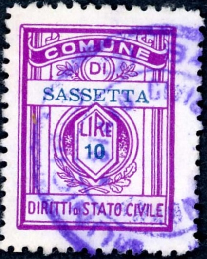 Marca da Bollo del Comune di SASSETTA su Carta Bianca di dimensioni 21 x 27,5 mm