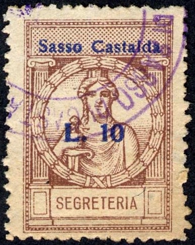 Marca da Bollo del Comune di SASSO DI CASTALDA su Carta Bianca di dimensioni 23 x 29 mm