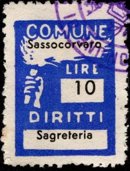 Marca da Bollo del Comune di SASSOCORVARO su Carta Bianca di dimensioni 18 x 23 mm