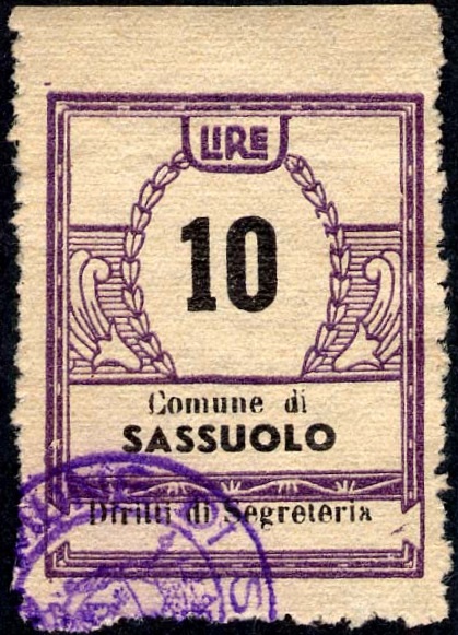 Marca da Bollo del Comune di SASSUOLO su Carta Bianca di dimensioni 23 X 30 mm
