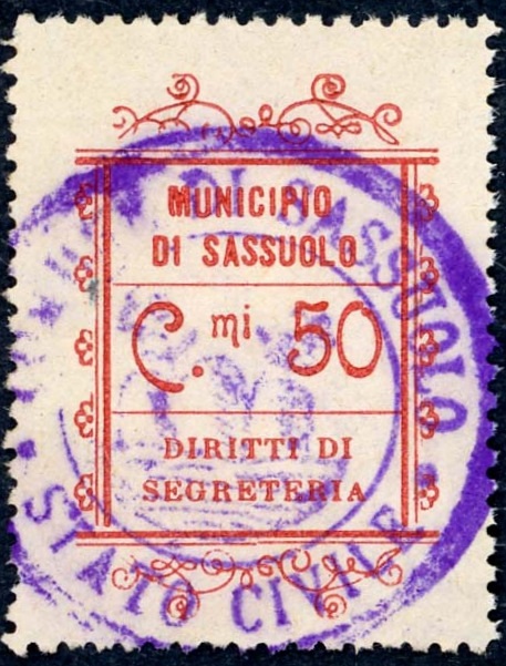 Marca da Bollo del Comune di SASSUOLO su Carta Bianca di dimensioni 22 x 28 mm