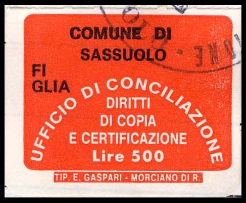 Marca da Bollo del Comune di SASSUOLO su Carta Bianca di dimensioni 20 x 16 mm