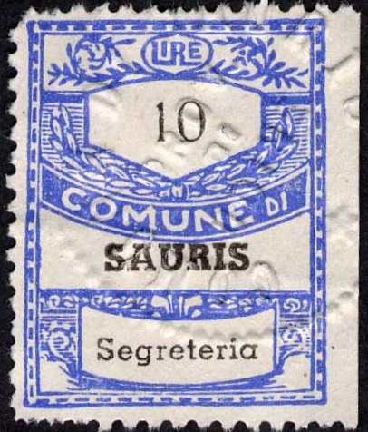 Marca da Bollo del Comune di SAURIS su Carta Bianca di dimensioni 21,5 x 29 mm