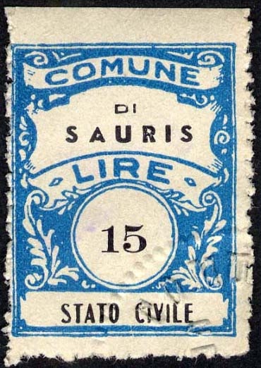 Marca da Bollo del Comune di SAURIS su Carta Bianca di dimensioni 22,5 x 29 mm