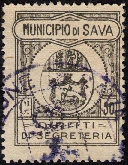 Marca da Bollo del Comune di SAVA su Carta Bianca Sottile di dimensioni 23 x 29.5 mm