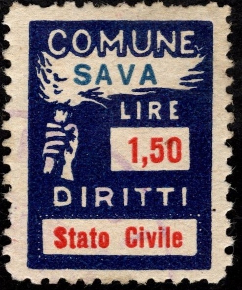 Marca da Bollo del Comune di SAVA su Carta Bianca di dimensioni 18 x 27 mm