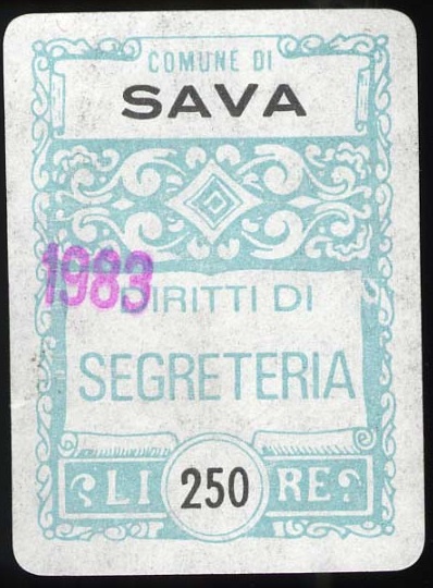 Marca da Bollo del Comune di SAVA su Carta Bianca di dimensioni 20 x 26 mm