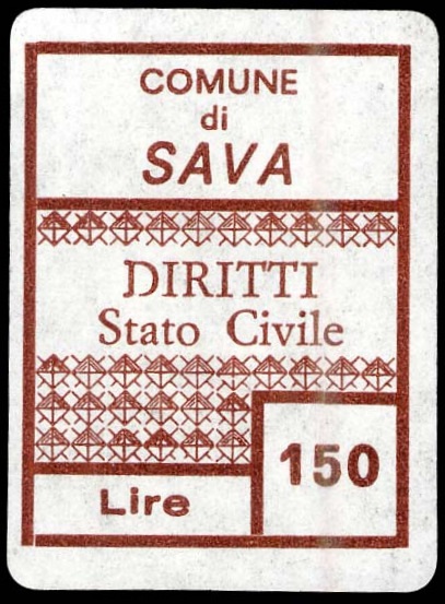 Marca da Bollo del Comune di SAVA su Carta Bianca di dimensioni 24 x 31 mm