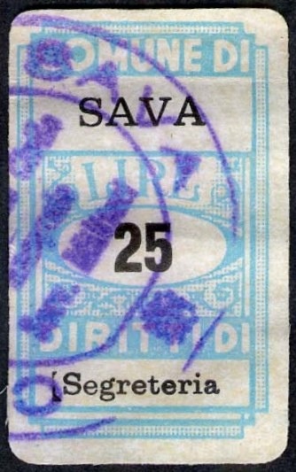 Marca da Bollo del Comune di SAVA su Carta Bianca di dimensioni 18,5 x 29 mm