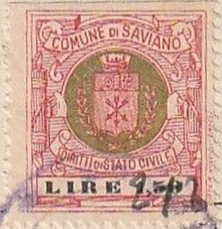 Marca da Bollo del Comune di SAVIANO su Carta Bianca di dimensioni 24 x 28 mm