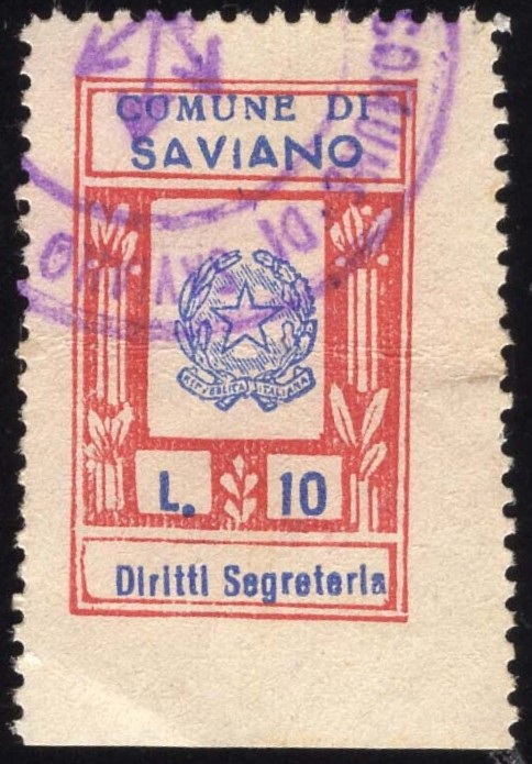 Marca da Bollo del Comune di SAVIANO su Carta Bianca di dimensioni 17,5 x 28 mm
