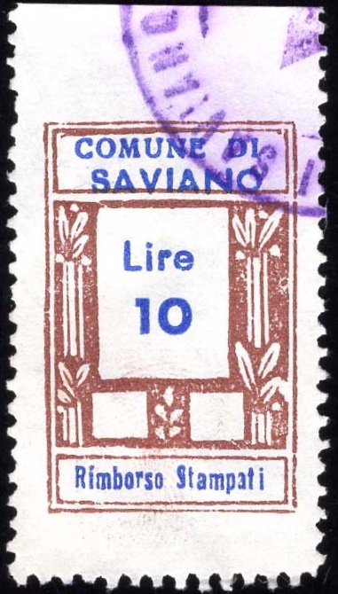 Marca da Bollo del Comune di SAVIANO su Carta Bianca di dimensioni 17,5 x 28 mm