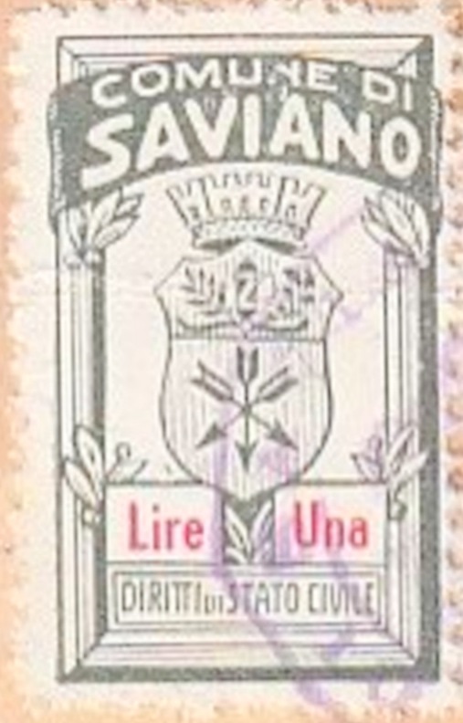 Marca da Bollo del Comune di SAVIANO su Carta Bianca di dimensioni 17,5 x 28 mm