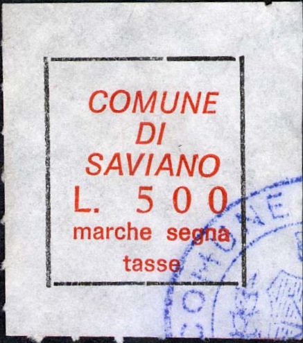 Marca da Bollo del Comune di SAVIANO su Carta Bianca di dimensioni 19 x 21,5 mm