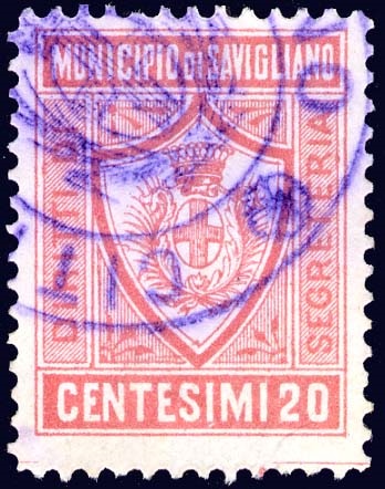 Marca da Bollo del Comune di SAVIGLIANO su Carta Bianca Sottile di dimensioni 20 x 26 mm