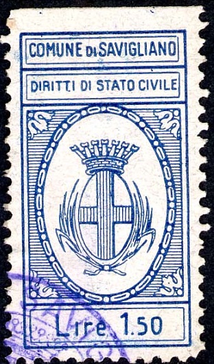 Marca da Bollo del Comune di SAVIGLIANO su Carta Bianca Sottile di dimensioni 17,5 x 33,5 mm