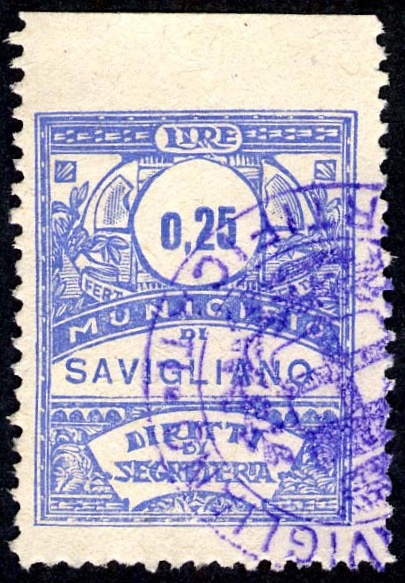 Marca da Bollo del Comune di SAVIGLIANO su Carta Bianca Sottile di dimensioni 22 x 27,5 mm