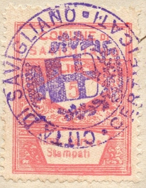 Marca da Bollo del Comune di SAVIGLIANO su Carta Bianca Sottile di dimensioni 22 x 29 mm
