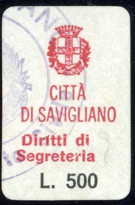 Marca da Bollo del Comune di SAVIGLIANO su Carta Bianca di dimensioni 17,5 x 26 mm