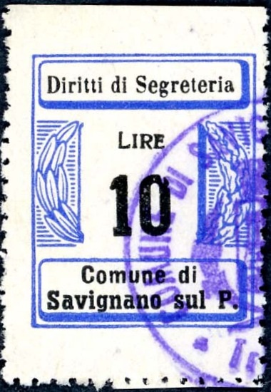 Marca da Bollo del Comune di SAVIGNANO SUL PANARO su Carta Bianca di dimensioni 22 X 33 mm