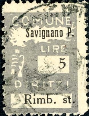 Marca da Bollo del Comune di SAVIGNANO SUL PANARO su Carta Bianca Sottile di dimensioni 18,5 x 26 mm